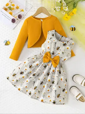 Toddler Girl's Long Sleeve Outerwear & Bee Print Dress Two-piece Set, Cute Casual Outfits for Little Girls Daily Wear, Kids C...