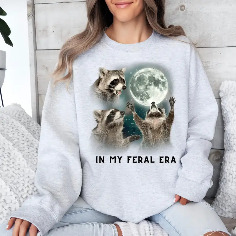 (Original Viral Product) Feral Era Racoon Crew Neck Sweatshirt or Short Sleeve Graphic T-shirt Crew Neck Crew Neck Crewneck M...