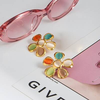 304 Stainless Steel Cat Eye Stone Stud Earrings