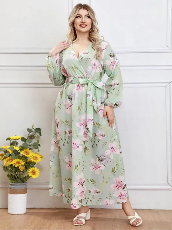 Plus Size Floral Print Belted Wrap Long Dress, Casual V Neck Bishop Sleeve A Line Dress for Summer, Women's Plus Clothing for...