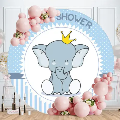 Aperturee Blue And White Elephant Round Baby Shower Backdrop