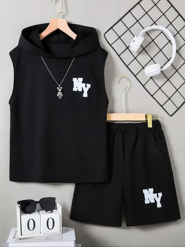 Two-Piece Set Boy's Letter Print Hoodie & Shorts Set, Casual Sleeveless Hooded Top & Track Shorts for Summer, Kids Clothes fo...