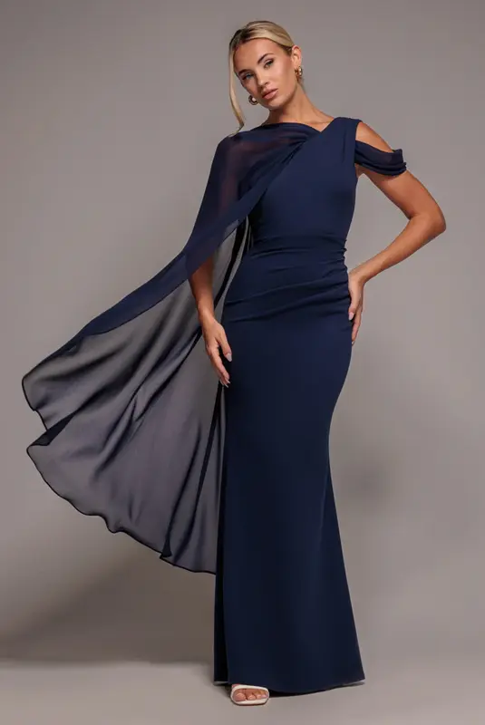 Goddiva One Shoulder Chiffon Cape Crepe Maxi Dress - Navy Blue