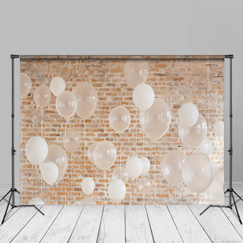 White Balloons Brick Birthday Backdrops For Photo - Aperturee