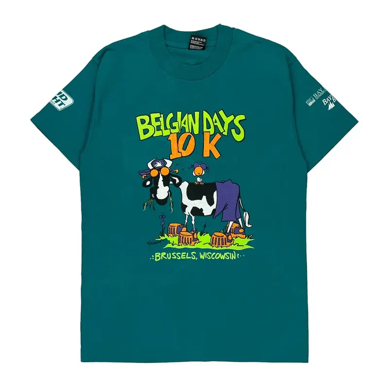 Single Stitch Belgian Days Fruit Of The Loom Graphic T-Shirt - Medium Green Cotton Blend