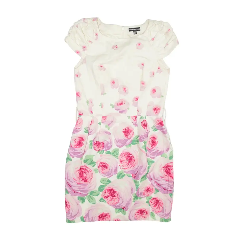 WAREHOUSE Pencil Dress Cream Floral Sleeveless Short Womens UK 8