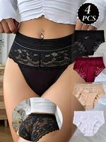 4pcs Elegant Floral Lace Women'S Underwear, Breathable, Lightweight And Comfortable Nylon Blend Underwear, With Fan-shaped Ed...