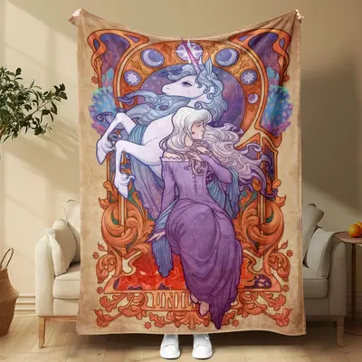 1pc The Last Unicorn Fan Art Fleece Blanket, Vintage Illustration Style Soft Cozy Throw for Couch, Nap, Bedroom, Warm Gift fo...