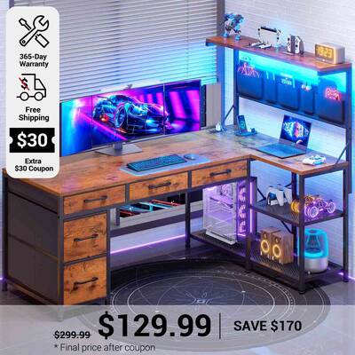 SEDETA | 47.2 Inch Reversible L Shaped Computer Desk with LED Lights Drawers, Corner Gaming Desk with Power Outlet, Storage S...