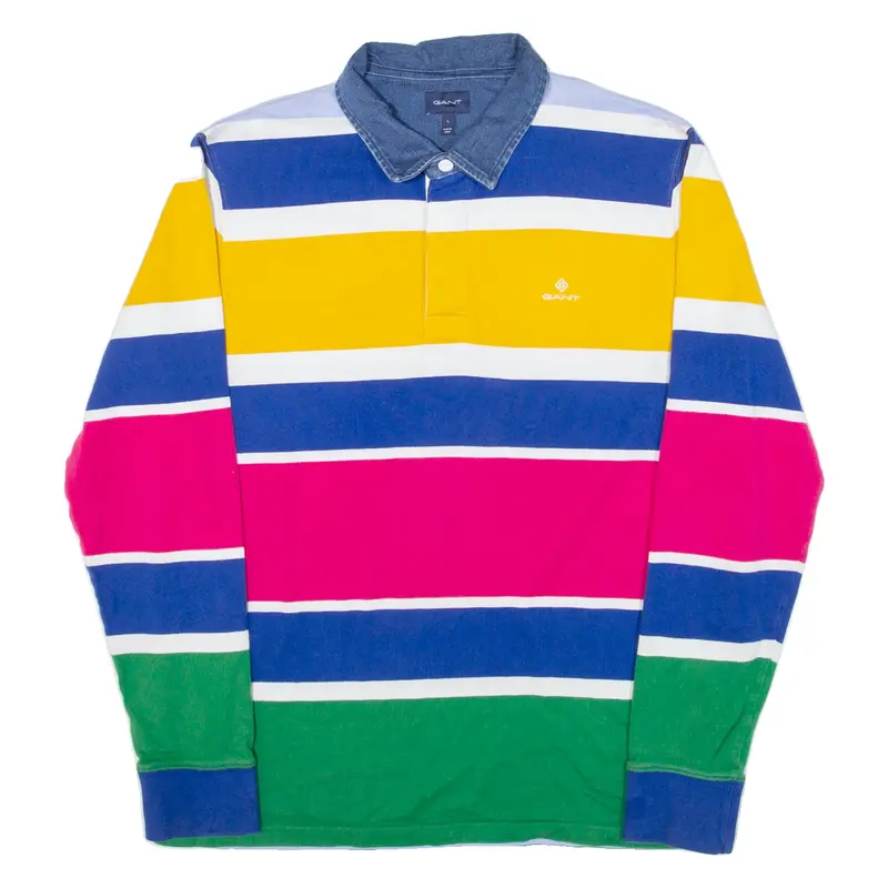 GANT Mens Polo Shirt Blue Striped Long Sleeve L