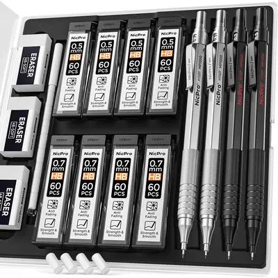 Nicpro 4 Pack Mechanical Pencils 0.5mm & 0.7 mm with Case, MP1000 Metal Artist Pencil Set, Office Supplies with 8 Tubes HB & ...