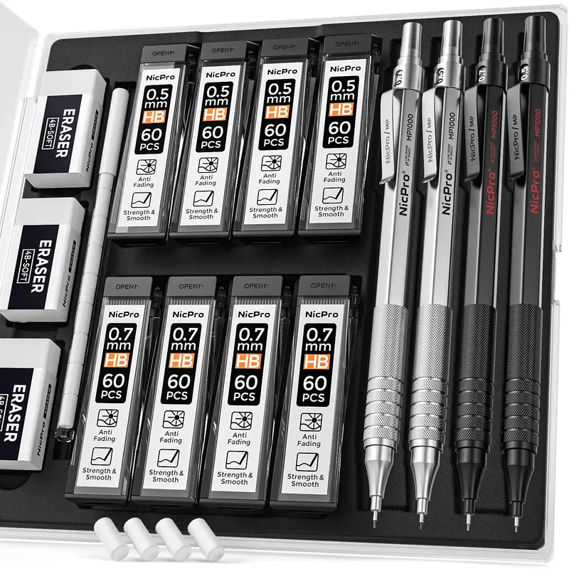 Nicpro 4 Pack Mechanical Pencils 0.5mm & 0.7 mm with Case, MP1000 Metal Artist Pencil Set, Office Supplies with 8 Tubes HB & ...
