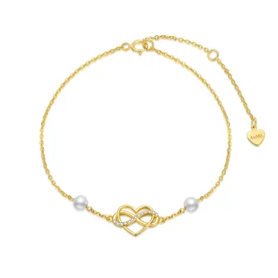 14K Gold Pearl With Cubic Zirconia Heart Infinity Symbol Charm Bracelet For Women