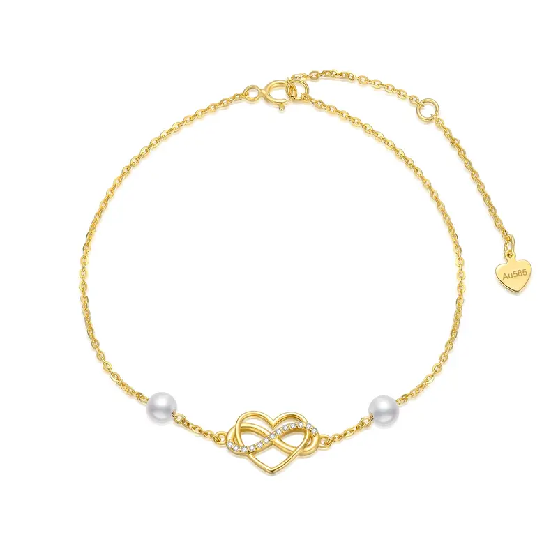 14K Gold Pearl With Cubic Zirconia Heart Infinity Symbol Charm Bracelet For Women