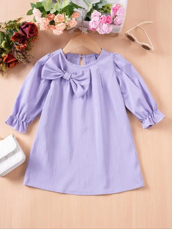 Toddler Girl's Solid Bow Decor Ruffle Trim Sweater Dress, Cute Casual Cap Sleeve Knit Dress for Summer, Kids Clothes for Dail...