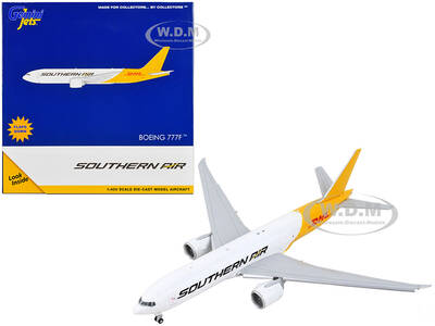 Boeing 777F Commercial Aircraft with Flaps Down Southern Air - DHL White and Yellow 1/400 Diecast Model Airplane by GeminiJ...