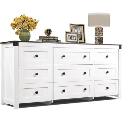 WLIVE Farmhouse 9 Drawer Dresser, 63 Wide Dresser Storage Organizer, Wood Dresser for Bedroom,TV Stand for 70 inch TV, Ches...