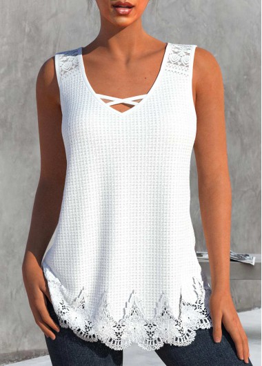 Modlily White Lace V Neck Tank Top - M
