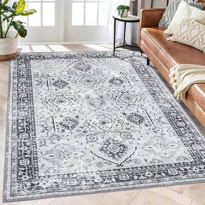 Garvee Washable Area Rug 6x9 Rug Boho Vintage Rug Room Decor Non Slip Large Area Rug for Bedroom Floral Grey Rug Soft Faux Wo...