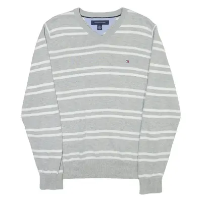 TOMMY HILFIGER Mens Jumper Grey Striped V-Neck Tight Knit S