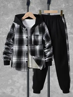 Two-piece Set Boy's Plaid Print Button Front Hooded Jacket & Elastic Waist Pants Set, Casual Drop Shoulder Long Sleeve Coats ...