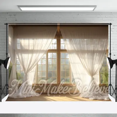 White Curtain Window Sunshine Trees Photo Backdrop - Aperturee
