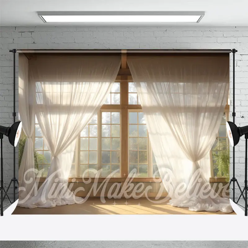 White Curtain Window Sunshine Trees Photo Backdrop - Aperturee