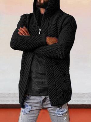 Solid Hooded Holey Sweater Coat, Black / 5XL