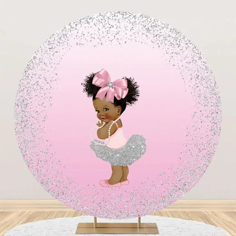 Pink Silver Little Princess Round Birthday Backdrop