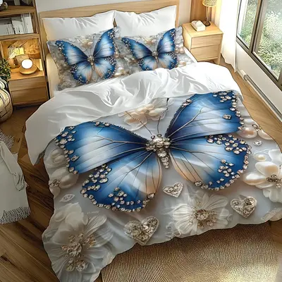 Butterfly Flower Heart Pattern Bedding Set, 2/3pcs/set Including Duvet Cover & Pillowcase, Soft Comfortable Decorative Beddin...