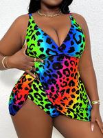 【 Plus Size】 Colorful Leopard Print Tankini Set, Casual V Neck Swim Top & Swim Bottom Swimsuit for Beach Holiday Vacation...