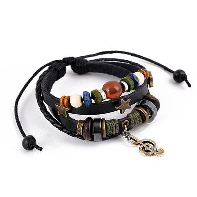 Leater Braided Multi-strand Bracelet with Alloy Musical Note Charms