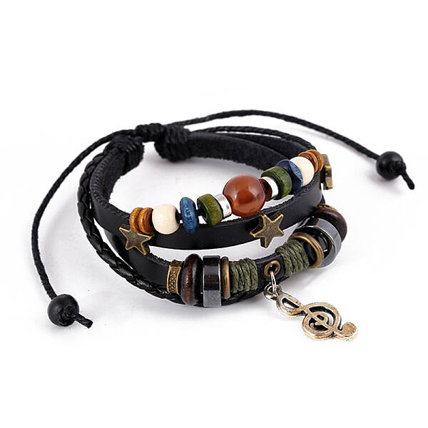 Leater Braided Multi-strand Bracelet with Alloy Musical Note Charms