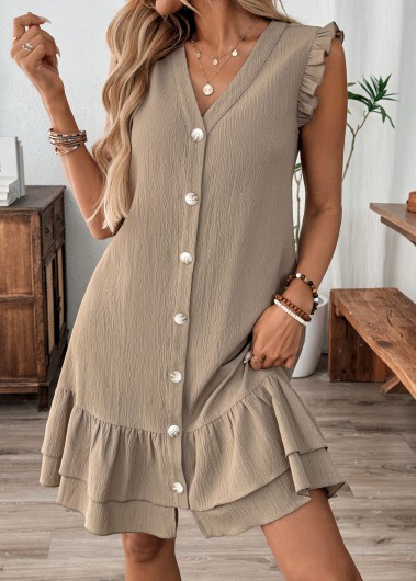 Modlily Gray Brown Short Sleeve V Neck Dress - L