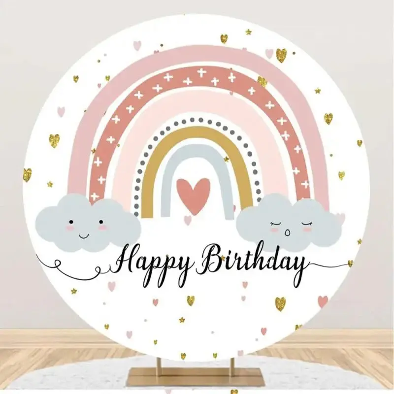 White Colorful Rainbow Boho Round Birthday Backdrop - Aperturee