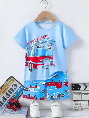 Two-Piece Set Boy's Graphic Print Tee & Shorts, Casual Round Neck Top & Shorts for Daily Wear, Kids Summer Clothes
