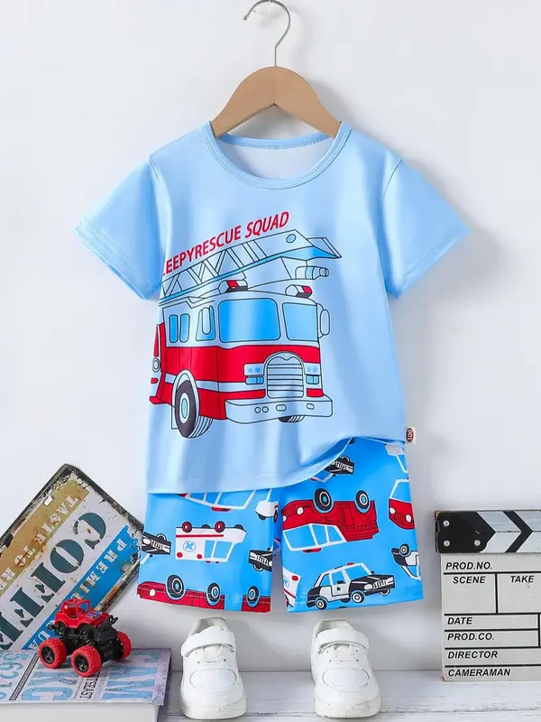Two-Piece Set Boy's Graphic Print Tee & Shorts, Casual Round Neck Top & Shorts for Daily Wear, Kids Summer Clothes