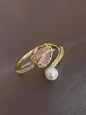 Faux Pearl & Flower Decorated Cuff Bypass Ring, Artificial Gemstone Decor Adjustable Jewelry for Women, Engagement Ring Acces...