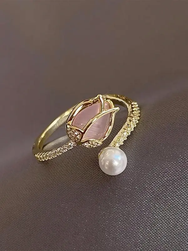 Faux Pearl & Flower Decorated Cuff Bypass Ring, Artificial Gemstone Decor Adjustable Jewelry for Women, Engagement Ring Acces...