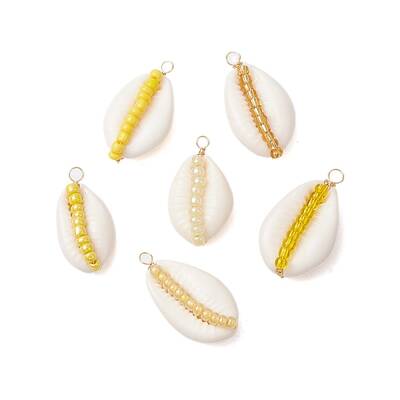 6Pcs 6 Styles Natural Cowrie Shell & Glass Seed Beads Pendants