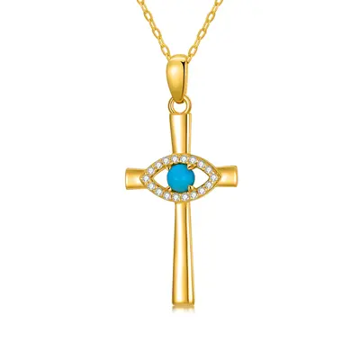 14K Gold Circular Shaped Turquoise Cross & Evil Eye Pendant Necklace