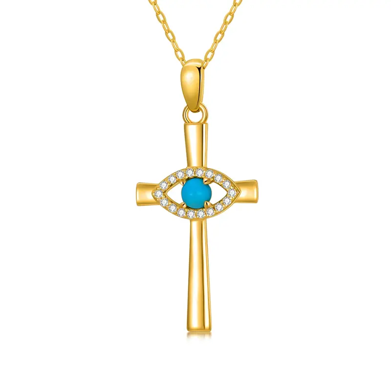 14K Gold Circular Shaped Turquoise Cross & Evil Eye Pendant Necklace