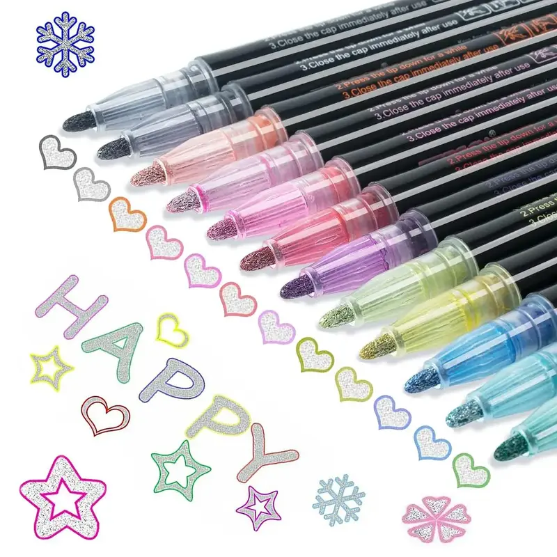 Double Line Glitter Outline Pen, 8/12pcs Drawing Marker Pen, Glitter Doodle Pen, Art Supplies for Students School Home