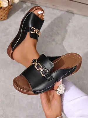 Women's Fashionable Chain Decorated Slide Casual Platform Sandals, Casual Comfortable Elegant Beach Slides Sandals for Summer...