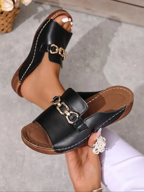 Women's Fashionable Chain Decorated Slide Casual Platform Sandals, Casual Comfortable Elegant Beach Slides Sandals for Summer...