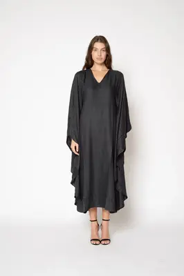 Viscose Crepe V-Neck Maxi Kaftan | Color: Black Viscose Moss | Size: M