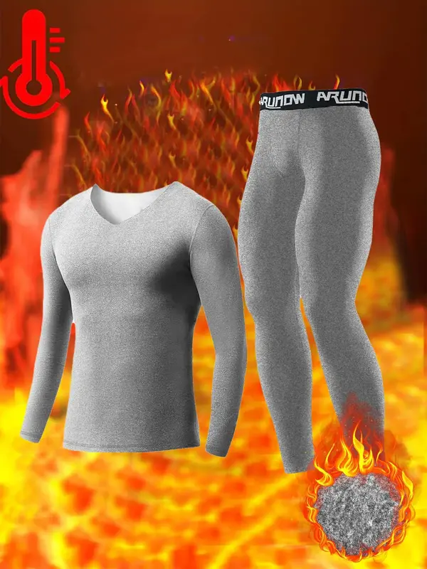 Men's Sporty Thermal Lined Underwear Set, Casual Comfy Long Sleeve V Neck Top & Letter Print Leggings Set for Fall & Winter,...