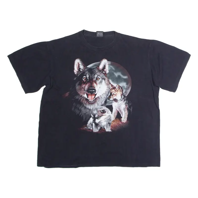 HEAVY METAL Wolf Print Mens T-Shirt Black 90s Crew Neck XL