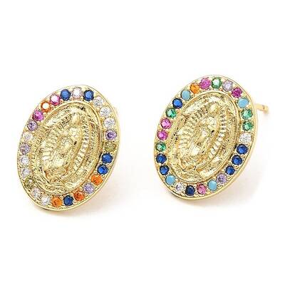 Rack Plating Brass Oval with Virgin Mary Stud Earrings with Colorful Cubic Zirconia