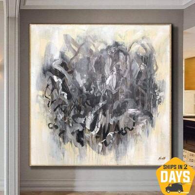 Large Original Acrylic Beige Art Abstract Gray Paintings On Canvas Modern Wall Art | THE HEART OF THE METROPOLIS 40"x40&...